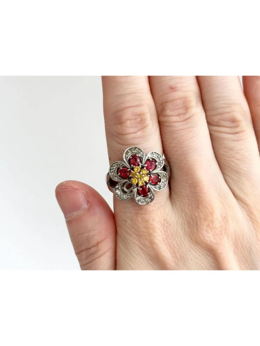 Garnet & Citrine Gemstone Floral Sterling Silver 925 Vintage Ring - sz 9.25